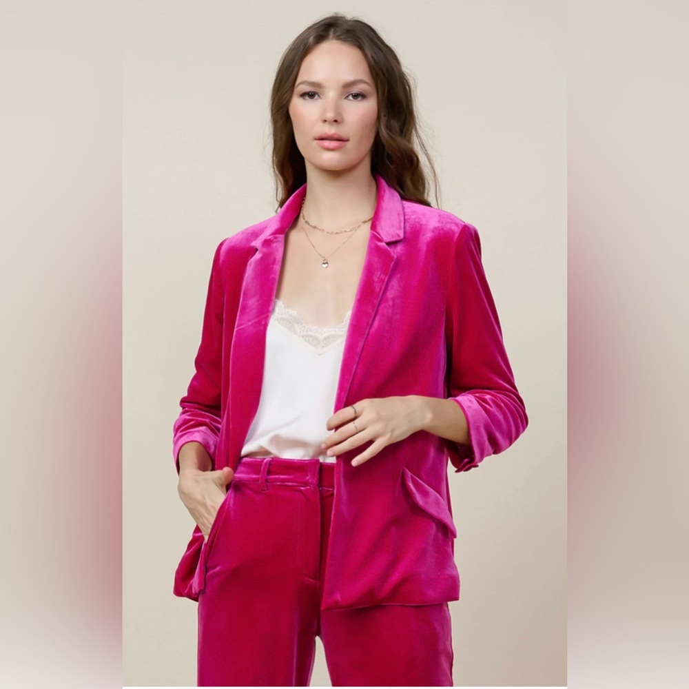 Pink Velvet Skies are Blue Blazer and trousers.